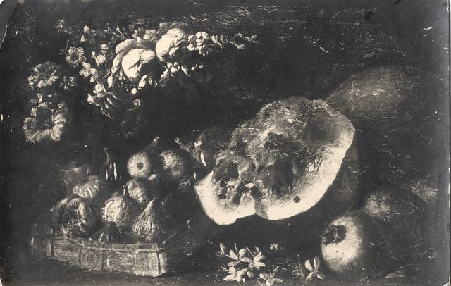 Anonimo — Anonimo napoletano sec. XVII - Natura morta con cesto di fichi, cocomero, fiori e melagrane — insieme